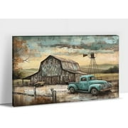 Farmhouse Prints Wall Art, Vintage Barn and Old Truck Picture Canvas, Retro Windmill Prints, Country Rustic Landscape Picture for Farmhouse Living Room, Bedroom Wall Decor 12x18 Inches