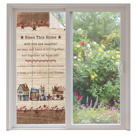 Farmhouse Privacy Window Film, Decorative Frosted Glass Window Film, Brown Country Star Berry Vintage Wood Grain Reusable Peel and Stick Static Cling for Home Bathroom Office Glass Door 35.4"x78.7"