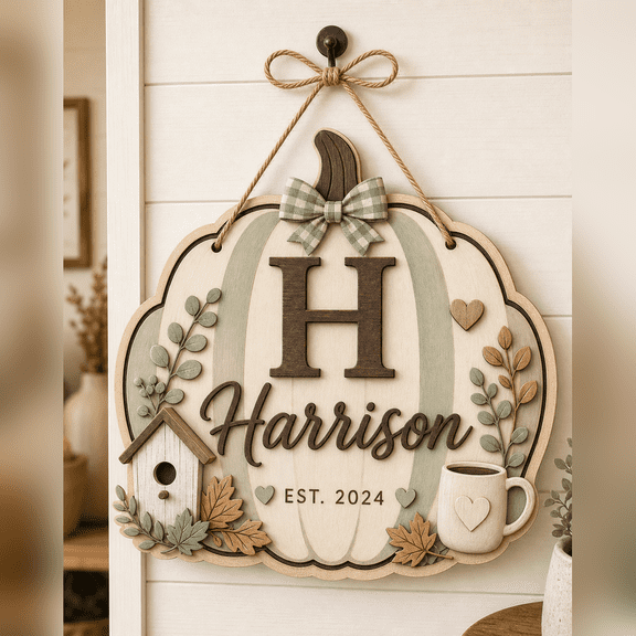Farmhouse Pumpkin Initial Wooden Sign Door Hanger for Fall Entryway