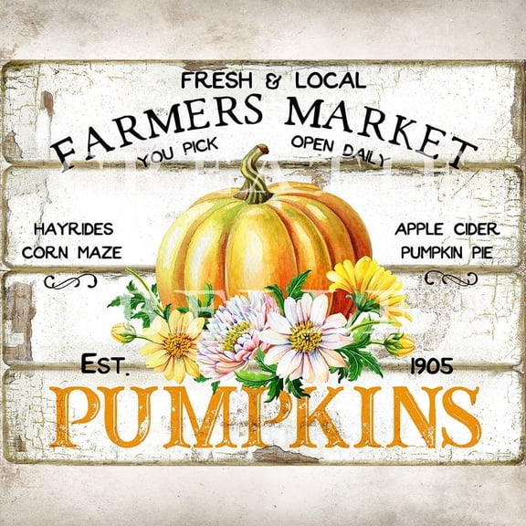 Farmhouse Pumpkin Market Tin Sign, Floral Fall Wall Art, Yard and Garden Decor, 12 x 8 Inch Metal Sign