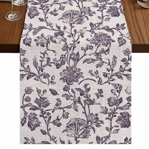 Farmhouse Purple 108 Inch Table Runner, Vintage Flower Leaf Botanical Plant Farmhouse Dresser Scarf Cotton & Linen Tablerunner for Dining/Kitchen Island/Holiday Party Décor 13" x 108"