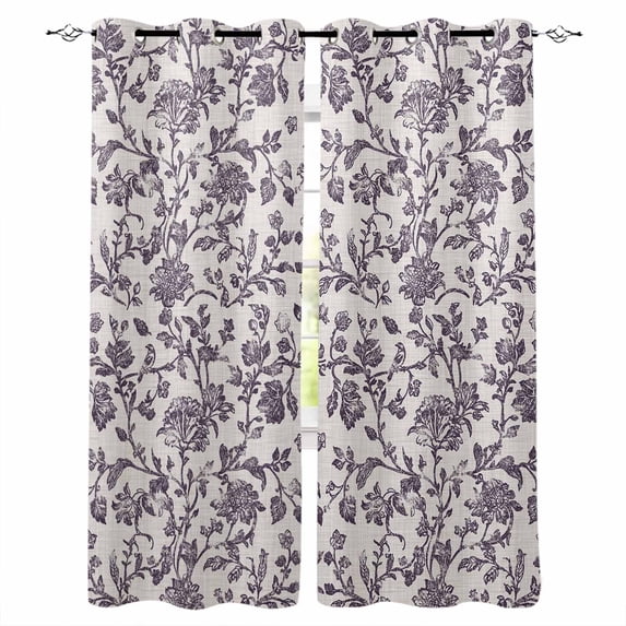 Farmhouse Purple Blackout Curtains for Bedroom/Living Room, Thermal Insulated Kitchen Curtains, Vintage Flower Leaf Botanical Plant Grommet Darkening Window Treatment Drapes 52"x84"x2