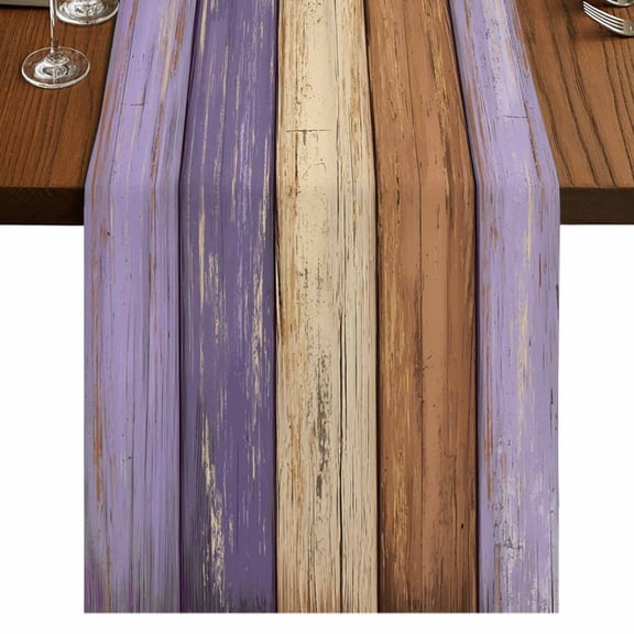 Farmhouse Purple Brown Burlap Cotton Table Runner 13x48 Inches Long, Vintage Wooden Striped Farmhouse Table Runners, Outdoor Dining Tablecloths Decor for Baby Shower/Party/Wedding