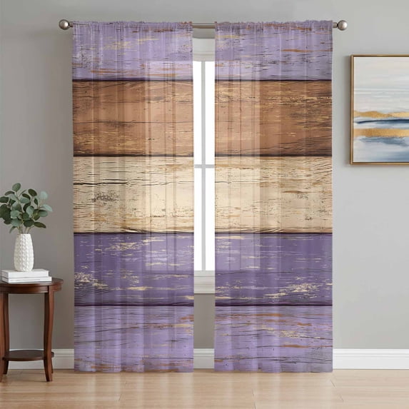 Farmhouse Purple Brown Sheer Curtains 72 Inch Length 2 Panels Set, Vintage Wooden Striped Voile Window Treatment Rod Pocket Curtains Sheers Drapes for Bedroom/Living Room/Kitchen 52"x72"x2