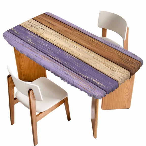 Farmhouse Purple Brown Table Cloths for 4 Foot Rectangle Tables, Vintage Wooden Striped Patio Waterproof Elastic Fitted Tablecloths, Washable Rectangular Table Cover for Camping