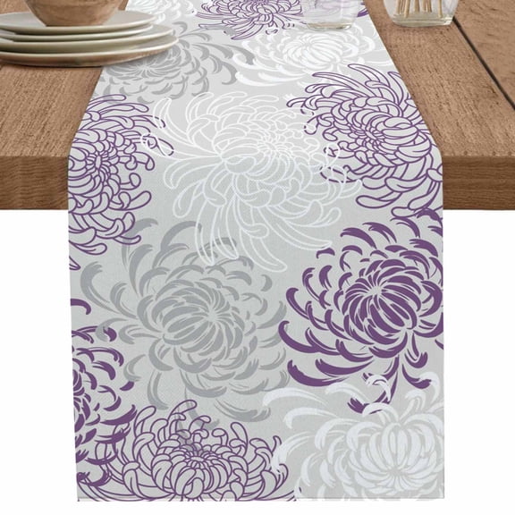 Farmhouse Purple Chrysanthemum on Retro Table Runner-36 Inch Long Summer Floral Table Runners Linen Burlap Tablerunner for Kitchen Dining Room Holiday Party