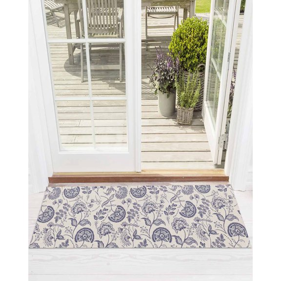 Farmhouse Purple Floral Front Door Mat Linen Boho Flower Rustic Country Welcome Doormat Indoor Outdoor Entrance Floor Mat Non-Slip Washable Runner Rug for Front Porch Decor 16x47 Inch