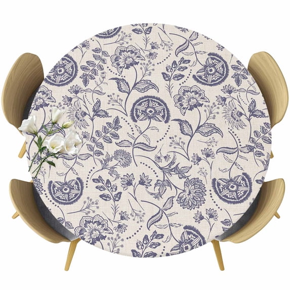 Farmhouse Purple Floral Round Fitted Table Cover Linen Boho Flower Rustic Country Waterproof Table Cloth with Elastic Edge Wipeable Tablecloth for Picnic Camping Party Fits 45"-54" Diameter