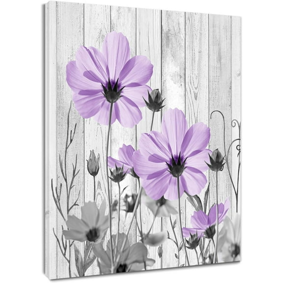 Farmhouse Purple Floral Wall Art for Living Room, Country Wildflower Nature Plant on Rustic Wood Framed Canvas Wall Art Flower Pictures for Bedroom Bathroom Home Wall Decor,16L X 12W inches