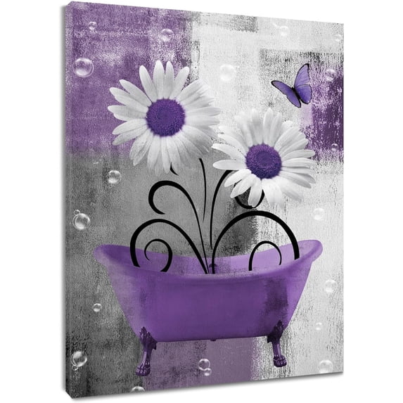 Farmhouse Purple Floral Wall Art for Living Room Daisy Flower and Butterfly Canvas Wall Art Grey and White Abstract Geometric Framed Wall Art for Bedroom Bathroom Wall Decor, 16L X 12W inches