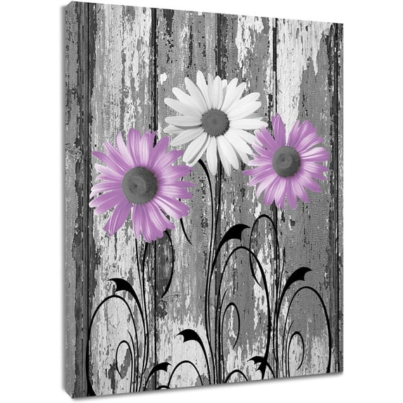 Farmhouse Purple Flower Wall Art for Living Room Grey and White Daisy on Rustic Wood Pictures Wall Decor Floral Nature Plant Framed Canvas Wall Art for Bedroom Bathroom Decor,10L X 8W Inches