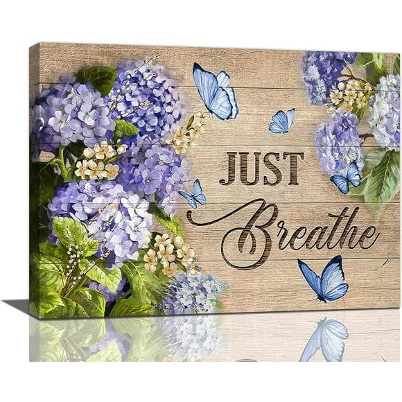 Farmhouse Purple Hydrangea Decor Wall Art Rustic Farm Country Flower Butterfly Just Breathe Pictures Wall Decor Canvas Painting Prints Artwork Decorations Framed for Bathroom Kitchen Bedroom 16"x12"