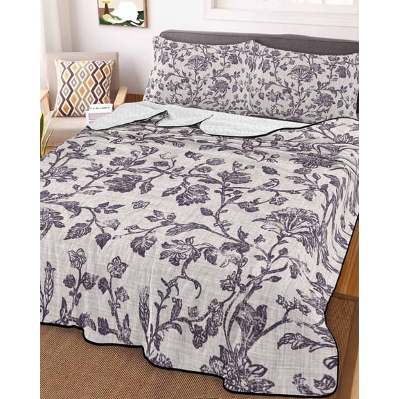 Farmhouse Purple King Size Down Alternative Comforter, Lightweight Comforter Quilt Bedding Set with Pillow Shams Vintage Flower Leaf Botanical Plant All Seasons Bed Comforter Duvet Insert 96"x106"