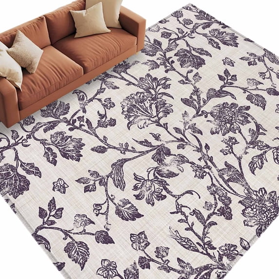 Farmhouse Purple Large Area Rugs for Bedroom Living Room, Soft Non Slip Carpet Bedside Rug, Vintage Flower Leaf Botanical Plant Rectangular Floor Cover Kitchen Accent Rug 5'x7' for Dining Room/Office