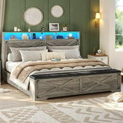 Farmhouse Queen Bed Frame with Charging Station and LED Lights,Headboard with Storage Rack,Queen Platform Bed Frame with Storage Ottoman, Metal Slats Support,No Box Spring Needed,Oak Gray
