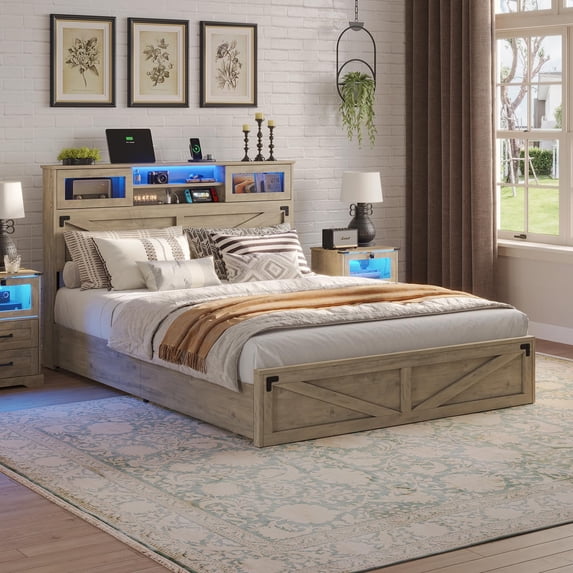 Farmhouse Queen Bed Frame with LED Lights and Charging Station, Queen Size Platform Bed Frame with Storage Headboard and 2 Drawers, No Box Spring Needed, Gray
