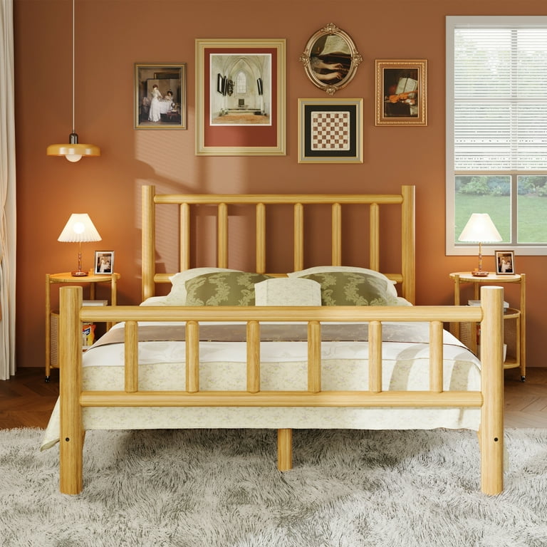 Farmhouse Queen Bed Frame Rustic Log Bed with Headboard and Footboard Pure Solid Pine Platform Bed Cylinder Construction Bed Fits Mattresses and Box