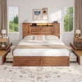 thumbnail image 1 of Farmhouse Queen Bed Frame with Headboard Storage, LED Lights & Charging Station, Wooden Platform Bed with 4 Drawers, No Box Spring Needed, Brown, 1 of 7