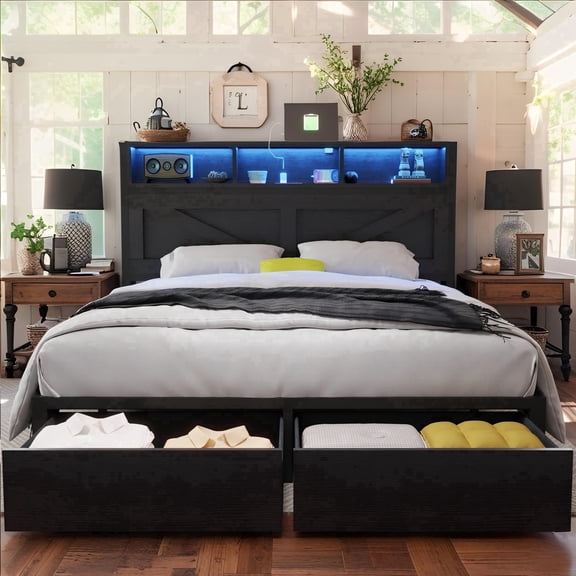 NHIXSOM Farmhouse Queen Bed Frame with LED Headboard, Charging Station and Storage Drawers, Farmhouse Style, Easy Assembly, Black
