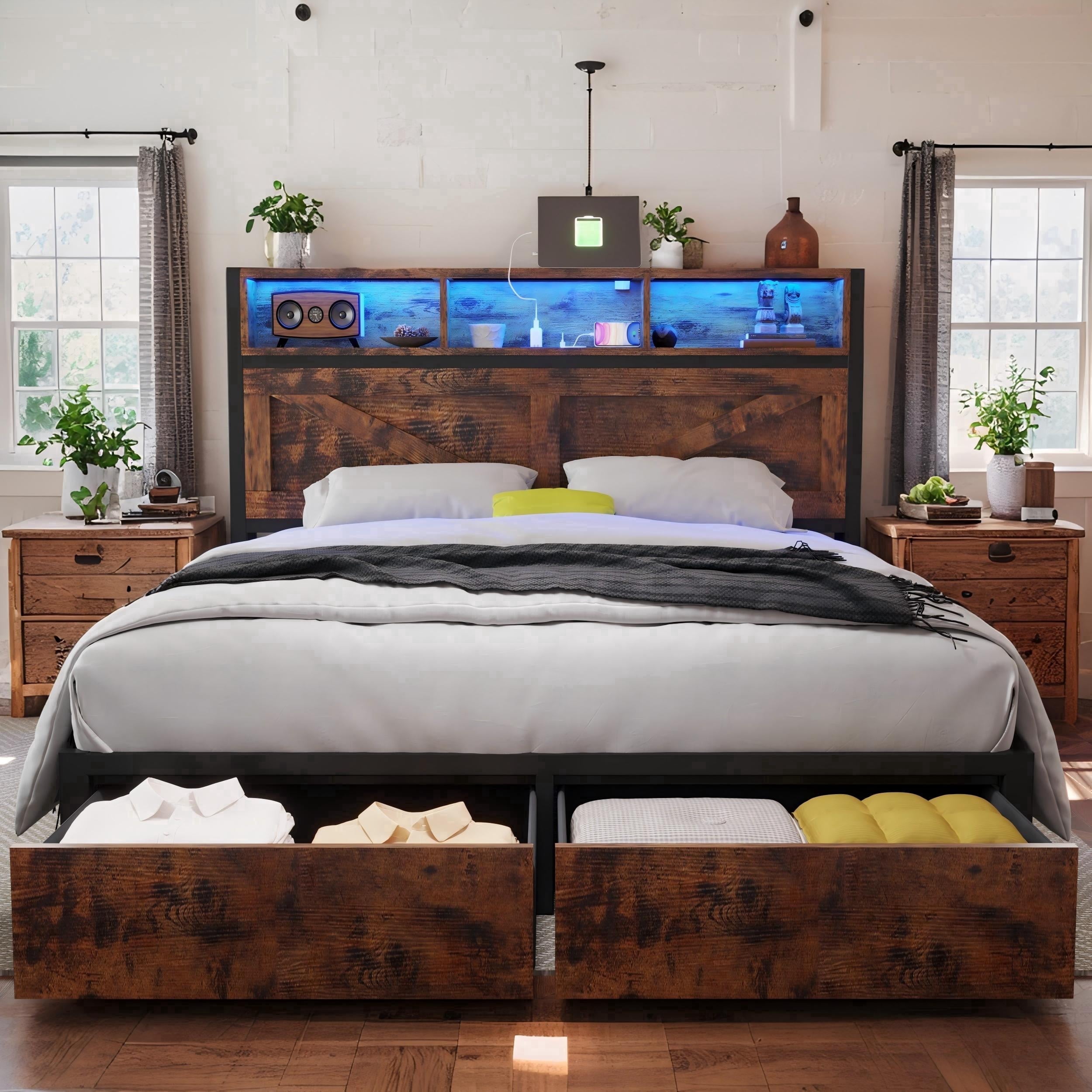 NHIXSOM Farmhouse Queen Bed Frame with LED Headboard, Charging Station and Storage Drawers, Farmhouse Style, Easy Assembly, Brown