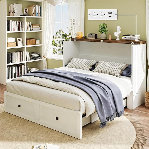Farmhouse Queen Murphy Bed Cabinet - Charging Station Included - Easy Fold-Down - Heavy Duty 900lbs Capacity - Storage for Living Room, Bedroom, Office - White Queen US Standard