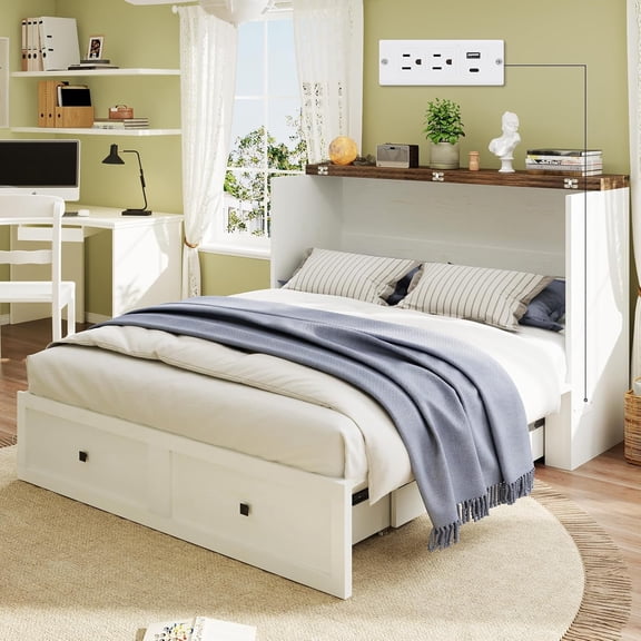 Farmhouse Queen Murphy Bed with Charging Station Heavy Duty Fold-Down Cabinet 900lbs Capacity Built-in Storage for Bedroom, Living Room, or Office White Queen US Standard