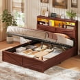thumbnail image 1 of Farmhouse Queen Size Bed Frame with Lift Up Storage & Bookcase Headboard - Wood Platform Bed with USB Charging Station, LED Lights, No Box Spring Needed, Brown, 1 of 8