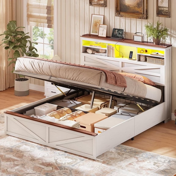 Farmhouse Queen Size Bed Frame with Lift Up Storage & Bookcase Headboard - Wood Platform Bed with USB Charging Station, LED Lights, No Box Spring Needed, White