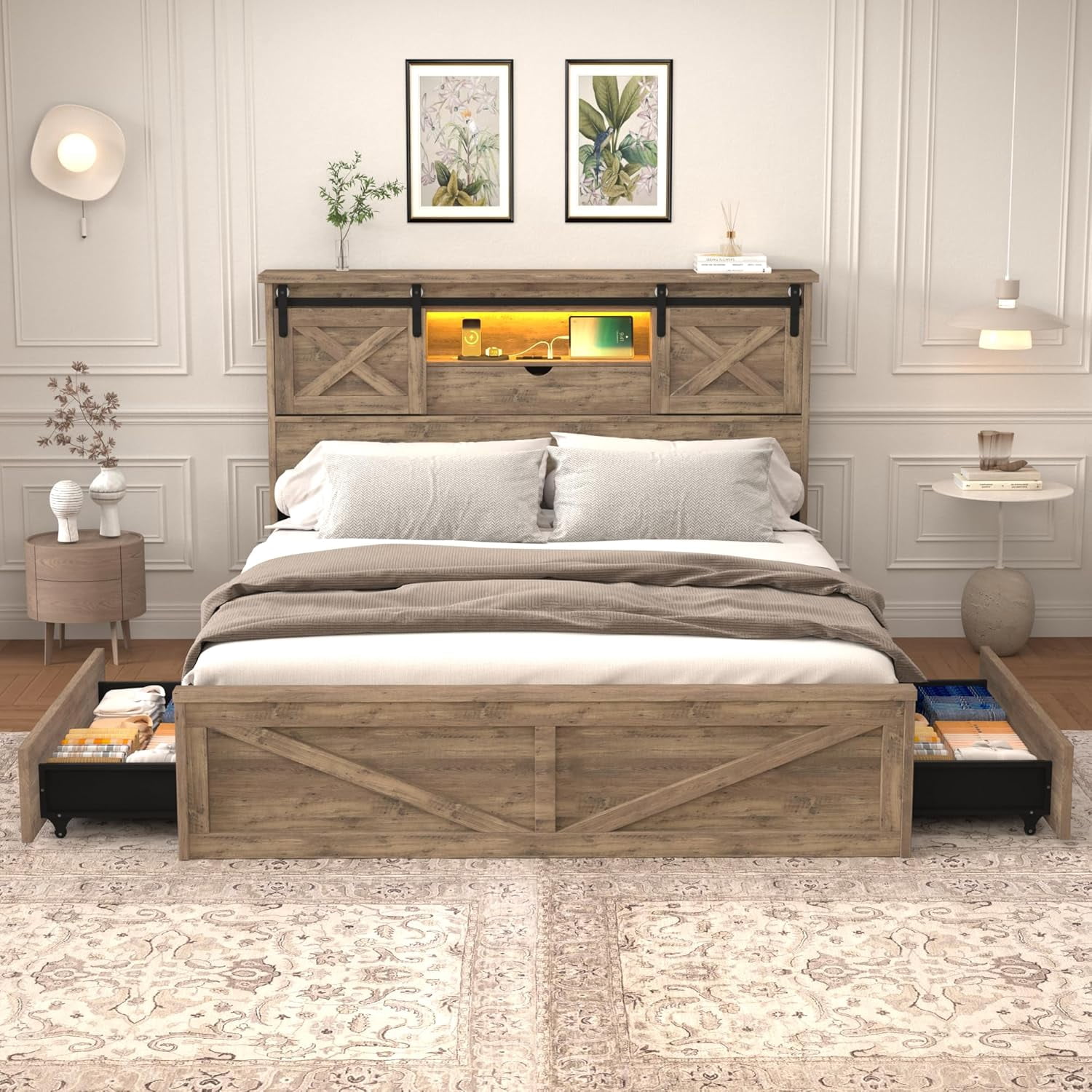Farmhouse Queen Size Bed Frame with Storage Bookcase Headboard, Wooden ...