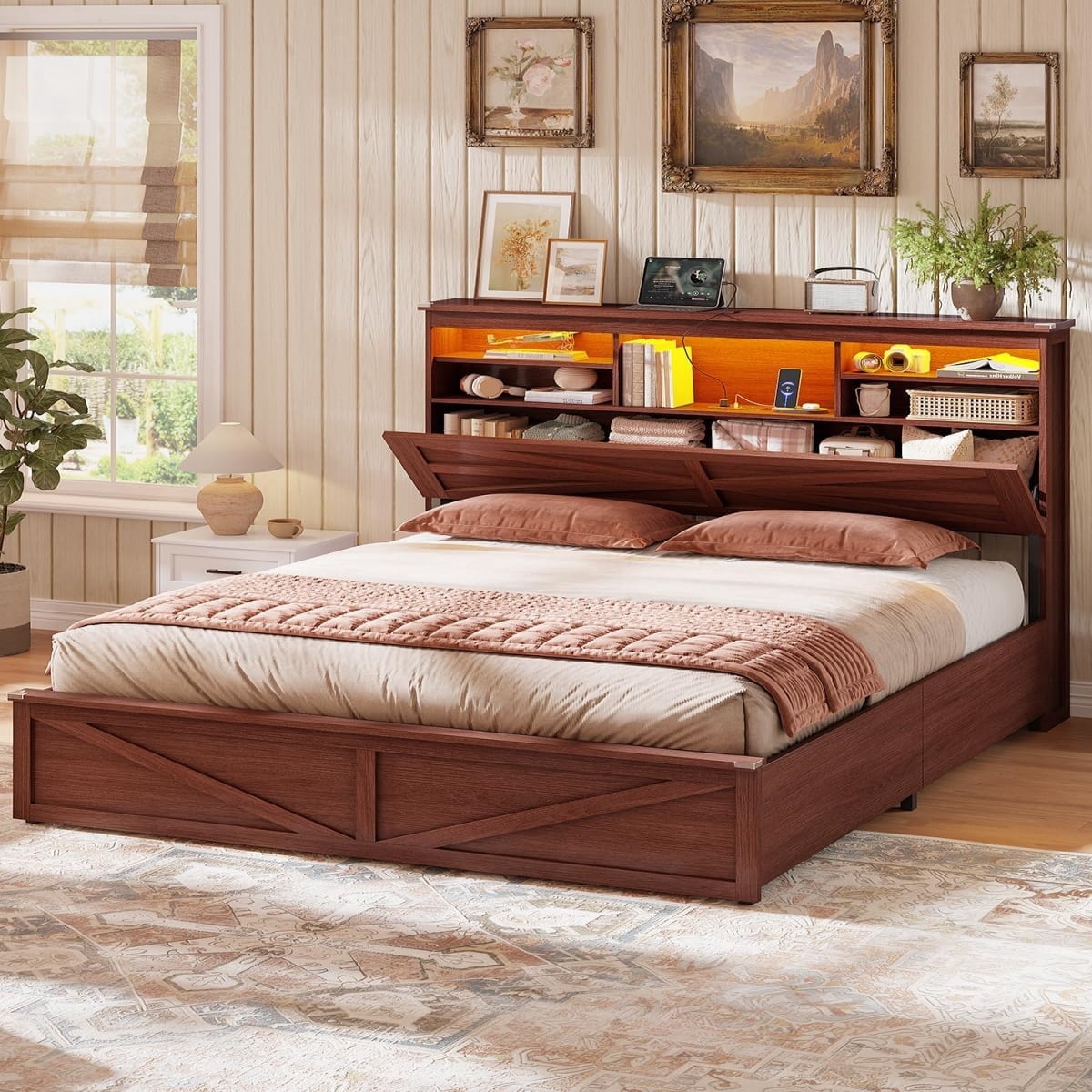 Farmhouse Queen Size Bed Frame with Lift Up Storage, Hidden Bookcase Headboard, LED Lights & Charging Station - No Box Spring Needed, Brown