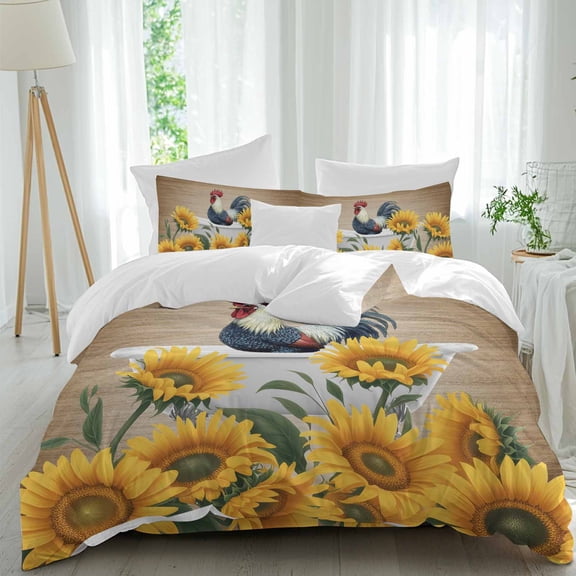 Farmhouse Queen Size Comforter Set, Chicken in The Bathtub Sunflowers Floral Wood Grain Bedding for All Seasons, 4 Pcs Bed Set, 1Quiltcover (90"x92") ,1Sheet(94"x116"), 2Pillowcases (30"x20")