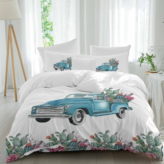 Farmhouse Queen Size Comforter Set, Summer Blue Car with Cactus Succulents Rustic Bedding for All Seasons, 4 Pcs Bed Set, 1Quiltcover (90"x92") ,1Sheet(94"x116"), 2Pillowcases (30"x20")