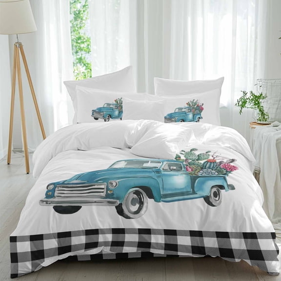 Farmhouse Queen Size Comforter Set, Summer Car with Cactus Succulents Country Black Plaid Bedding for All Seasons, 4 Pcs Bed Set, 1Quiltcover (90"x92") ,1Sheet(94"x116"), 2Pillowcases (30"x20")
