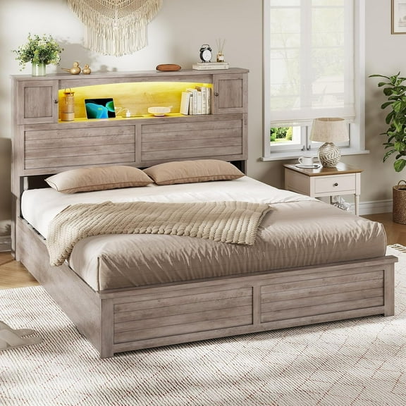 Farmhouse Storage Bed Frame, Queen Platform Bed with Bookcase Headboard and 4 Drawers, No Box Spring Needed, Gray Industrial Wood Bedroom Furniture