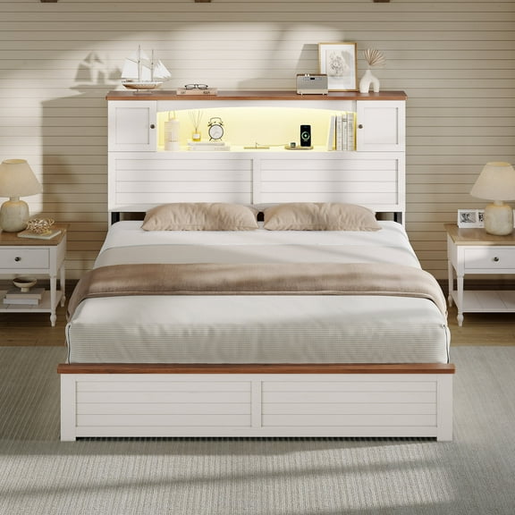 Farmhouse Storage Bed Frame with Bookcase Headboard - Queen Size Platform Bed with 4 Drawers, No Box Spring Needed, White Finish for Modern Bedroom