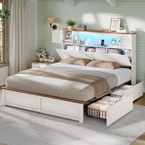 Farmhouse Storage Bed Frame with Bookcase Headboard - Queen Size Platform Bed with 4 Drawers, No Box Spring Needed, White Finish for Modern Bedroom