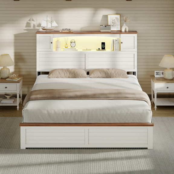 Farmhouse Storage Bed Frame with Bookcase Headboard - Queen Size Platform Bed with 4 Drawers, No Box Spring Needed, White Finish for Modern Bedroom