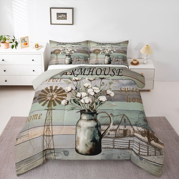 Farmhouse Quilt Country Floral Cotton Flower Comforter Set,Rustic Wooden Plank Cottage Lodge Cabin Bedding Set Garden Windmill Decor King,Vintage Farm House Room Decor,Watercolor