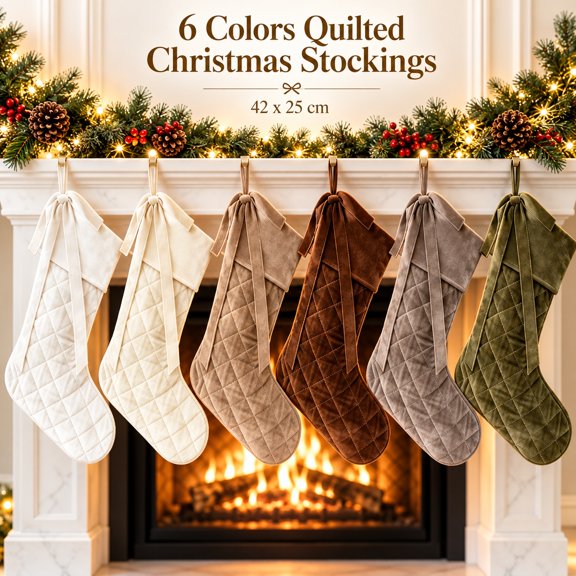 Farmhouse Quilted Christmas Stocking 1 Pc 16.5 Inch Earth Tones & Neutral Cream Quilted Bow Cuff Fireplace Stocking, Cozy Hanging Xmas Stocking Decorations for Family Holiday Decor