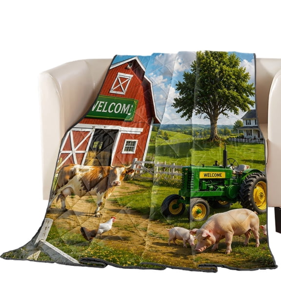 Farmhouse Quilted Comforters Cooling Blanket Full Size, Rustic Red Barn Animal Tractor Cow Rural Fence Cold Comfort for Hot Sleepers Lightweight Air Conditioning Quilt Blanket for Bed