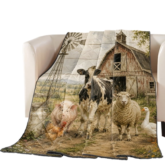 Farmhouse Quilted Comforters Cooling Blanket Oversized Queen Size, Sheep Goose Cow Pig Barn Rustic Countryside Cold Comfort for Hot Sleepers Lightweight Air Conditioning Quilt Blanket for Bed