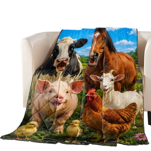 Farmhouse Quilted Comforters Cooling Blanket Queen Size, Cow Horse Rabbit Pig Sheep Red Barn Rustic Cold Comfort for Hot Sleepers Lightweight Air Conditioning Quilt Blanket for Bed