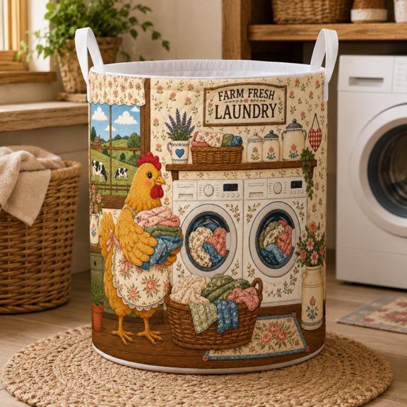 Farmhouse Quilted Laundry Basket, Goose Chicken Raccoon Hamper, Cottagecore Animal Fabric Storage Bin, Laundry Room Decor