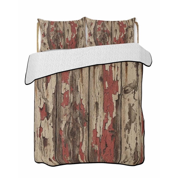 Farmhouse Quilts Bedding Set Full Size Country Rustic Shabby Chic Retro Wooden Texture Lightweight Quilted Bedspread 3 Piece Bed Quilt with 2 Pillow Shams All Season for Bedroom 68" x 98"