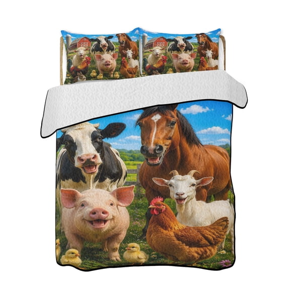 Farmhouse Quilts Bedding Set Twin Size Cow Horse Rabbit Pig Sheep Red Barn Rustic Lightweight Quilted Bedspread 3 Piece Bed Quilt with 2 Pillow Shams All Season for Bedroom 68" x 86"