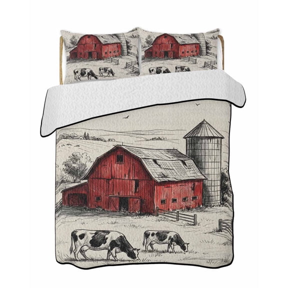 Farmhouse Quilts Bedding Set Twin Size Pastoral Landscape Watercolor Barn Farm Dairy Cow Retro Lightweight Quilted Bedspread 3 Piece Bed Quilt with 2 Pillow Shams All Season for Bedroom 68" x 86"
