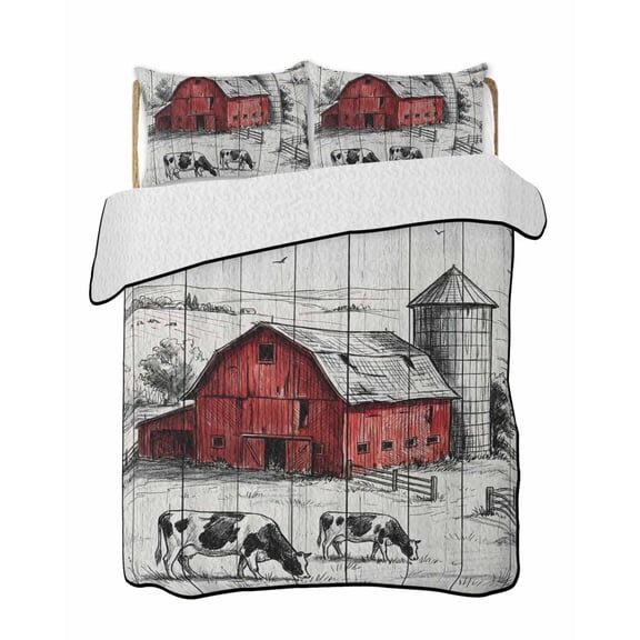 Farmhouse Quilts Bedding Set Twin Size Pastoral Landscape Watercolor Barn Farm Dairy Cow Wood Grain Lightweight Quilted Bedspread 3 Piece Bed Quilt with 2 Pillow Shams for Bedroom 68" x 86"