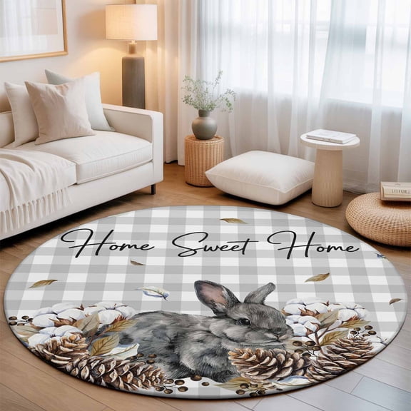 Farmhouse Rabbit Pine Cone Round Rug 5ft Sweet Home Text Gray Checkered Washable Area Rugs for Living Room Bedroom Entryway Non Slip Entrance Door Mat Indoor Floor Carpet