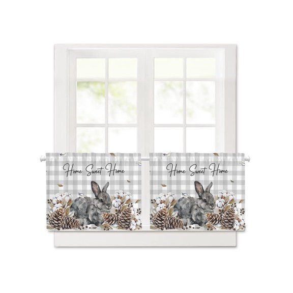 Farmhouse Rabbit Pine Cone Short Blackout Curtains 24 Inch Long,Sweet Home Text Gray Checkered Rod Pocket Kitchen Curtains,2 Panels Thermal Insulated Room Darkening Drapes for Bedroom,30"W x 24"L