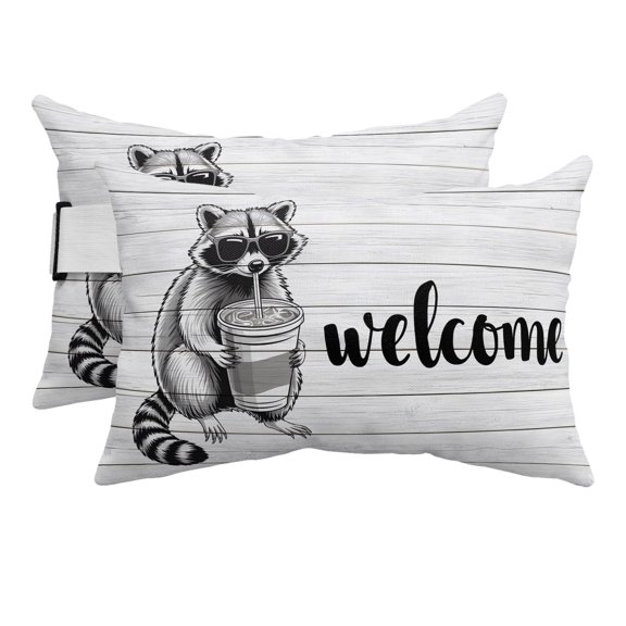 Farmhouse Raccoon Outdoor Pillows for Chaise Lounge Chair Beach Headrest Pillow Set of 2 Waterproof Lumbar Pillows with Insert&Adjustable Strap Country Grey Animals Wooden Plank Pool Pillow 12"x20"